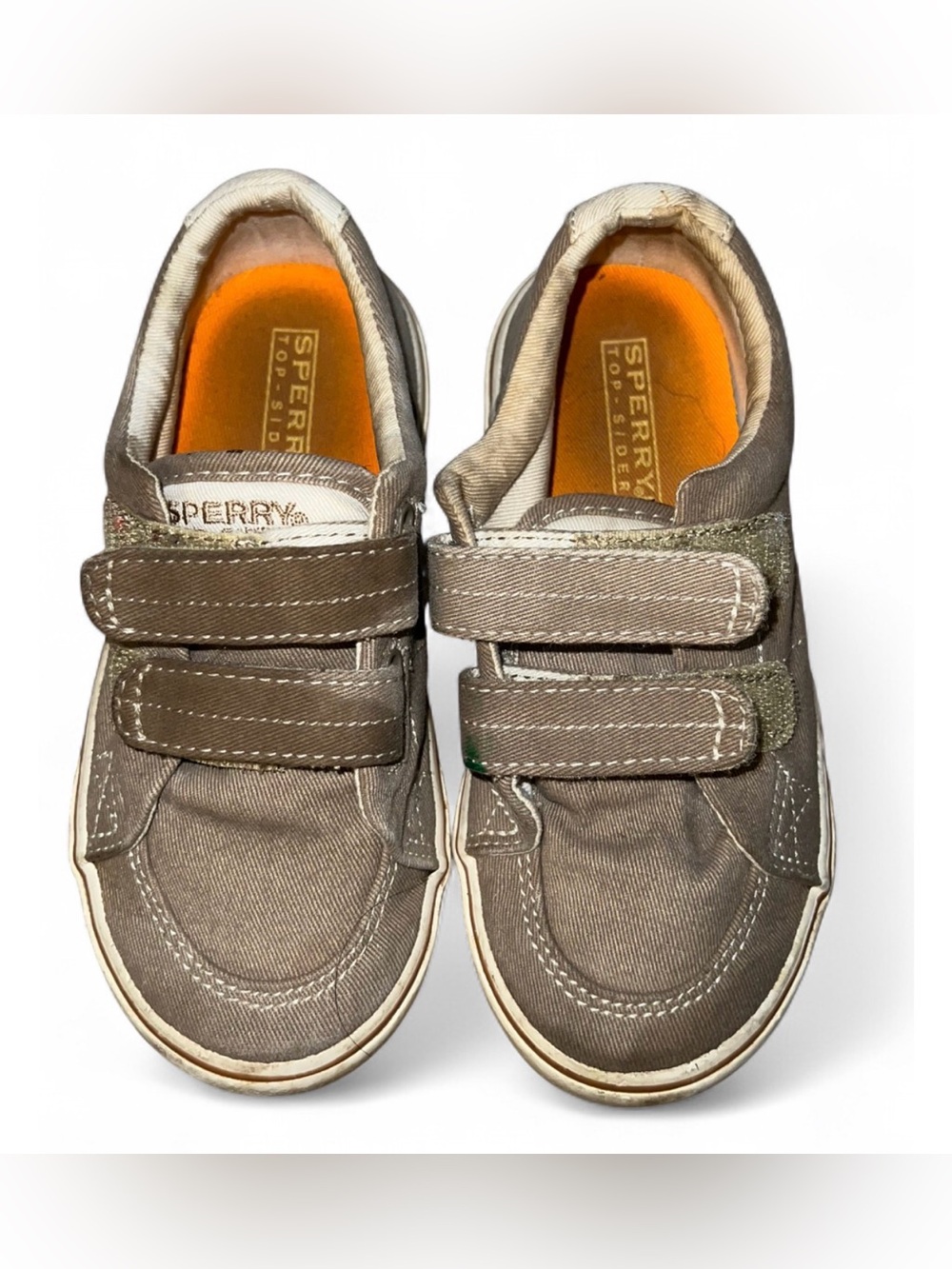 Sperry Kids Brown Canvas Velcro Sneakers with Orange Insole